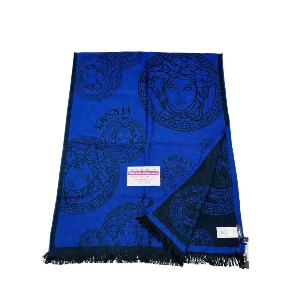 NWT Versace Medusa Reversible Wool Black Blue Knit Scarf Shawl Size 70
